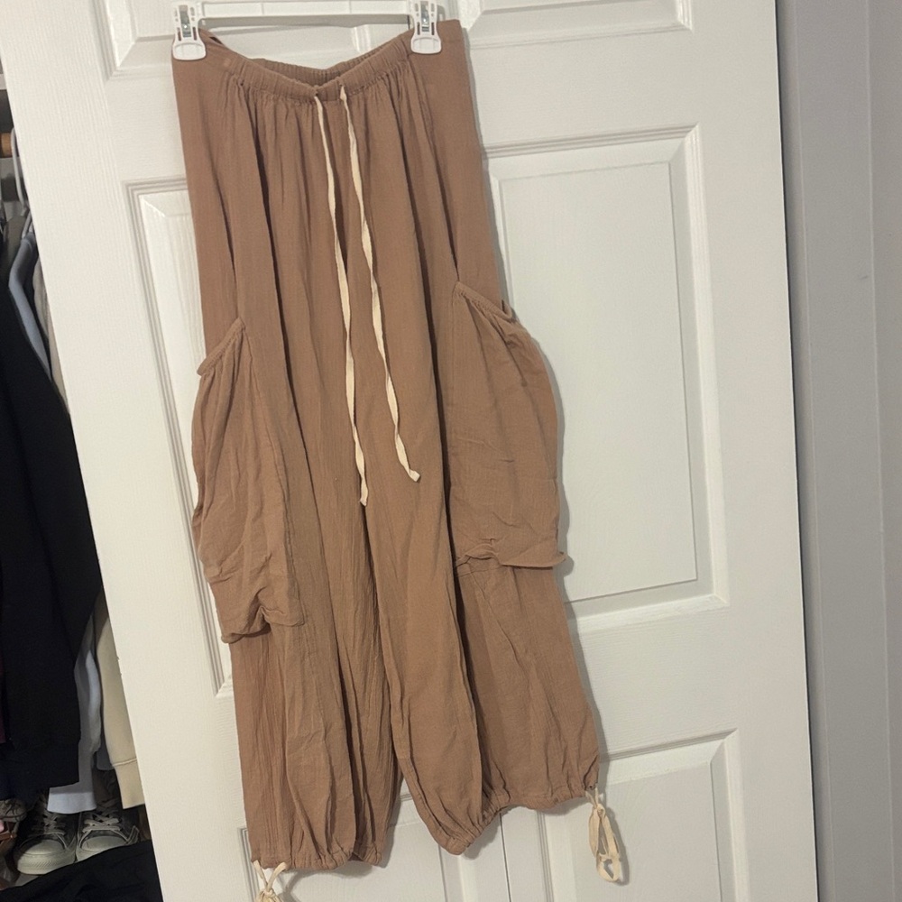 Free People Wide-Leg Drawstring Cargo Pants - Brown